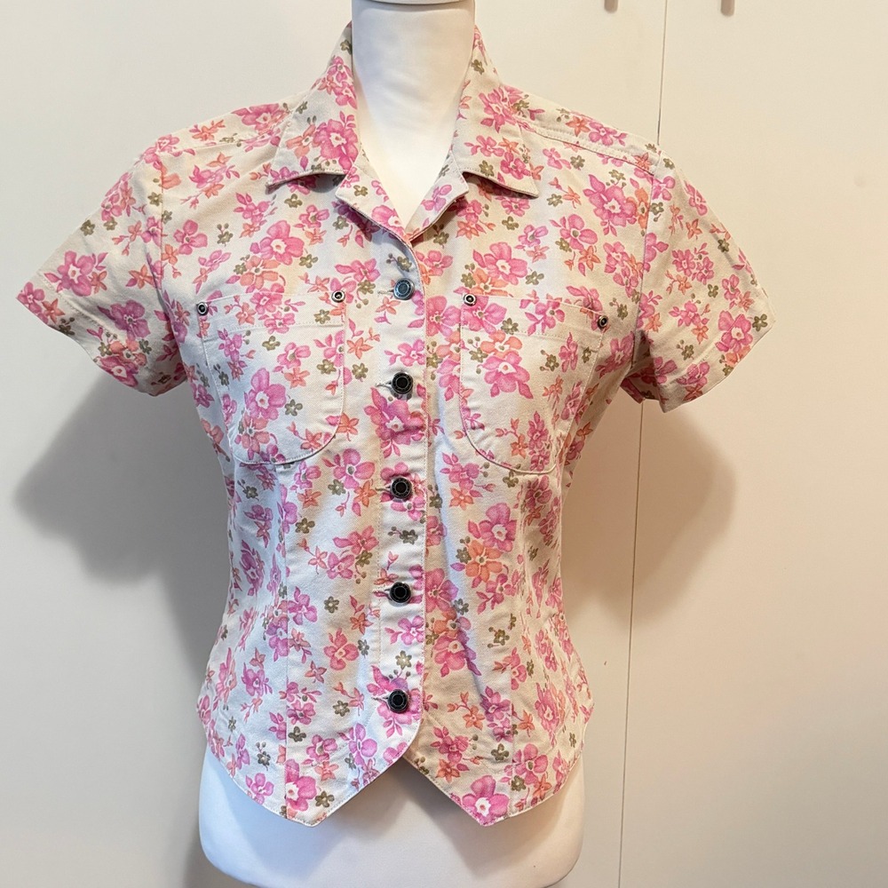 Vintage Villager Sport Button Down Denim Top S Pink Floral Cottagecore